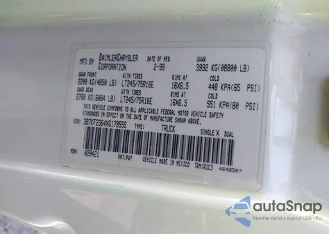 1999 Dodge Ram 2500 St из США, поврежденный, VIN 3B7KF2364XG179555